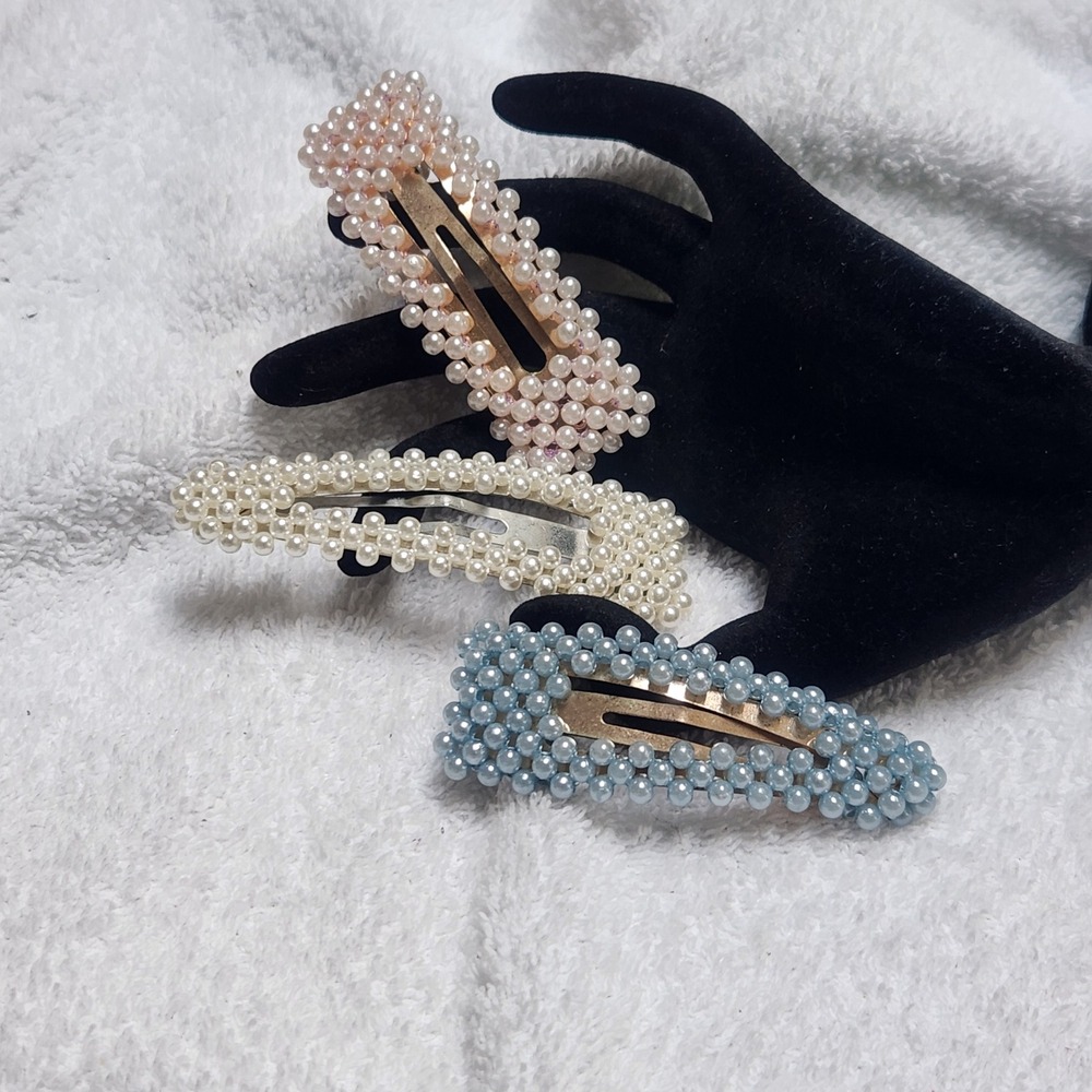 3pc Faux‎ Pearl Snap Hair Clips Set Pink Blue Ivory Oversized Barrettes